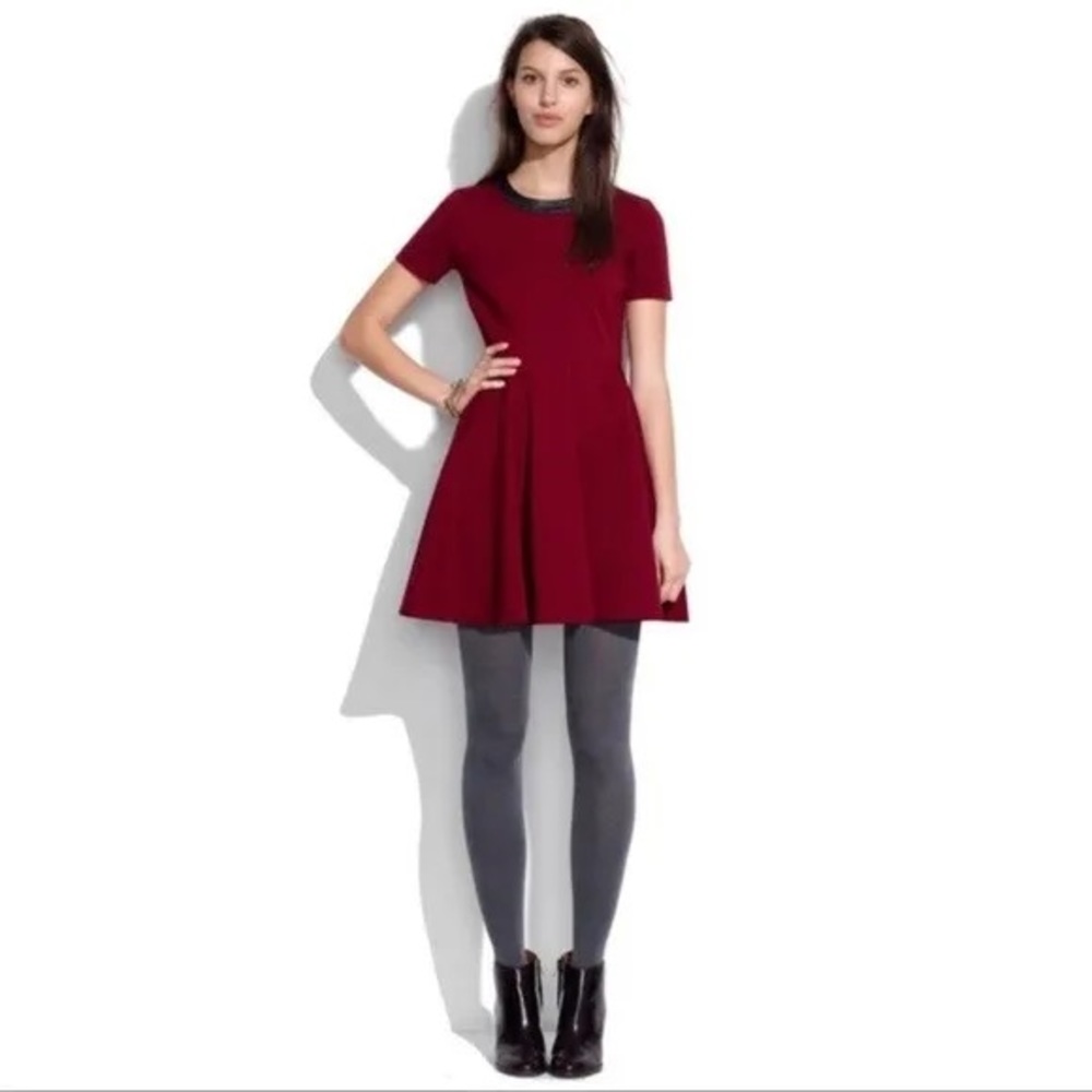 Madewell Leather Trim Short Sleeve Burgundy Fit & Flare Dress  XS